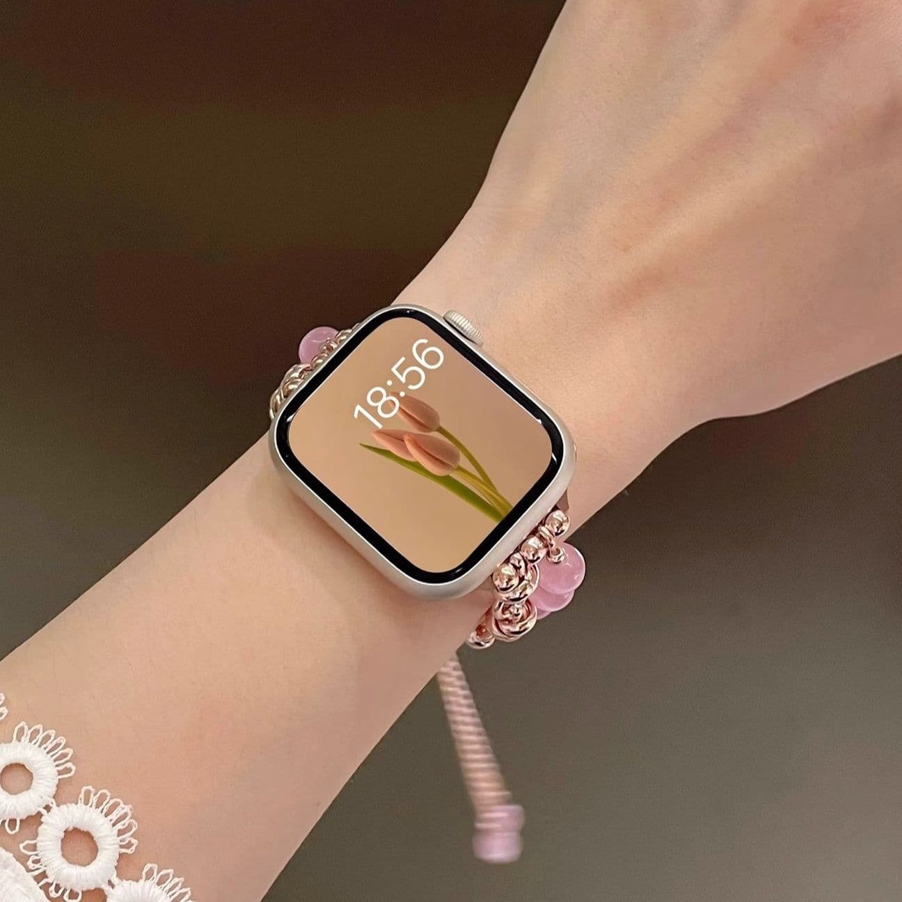 アップルウォッチバンドステンレス 天然石ビーズ装飾チェーン調節可能ブレスレット型バンド