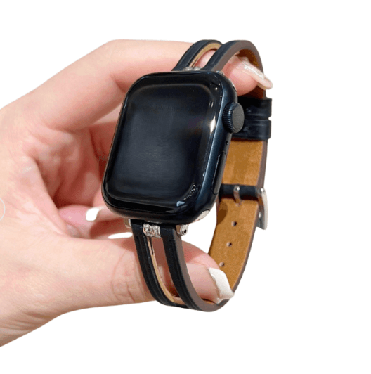 アップルウォッチバンド 本革 レザー 透かしデザイン ダブルビーズ 細身