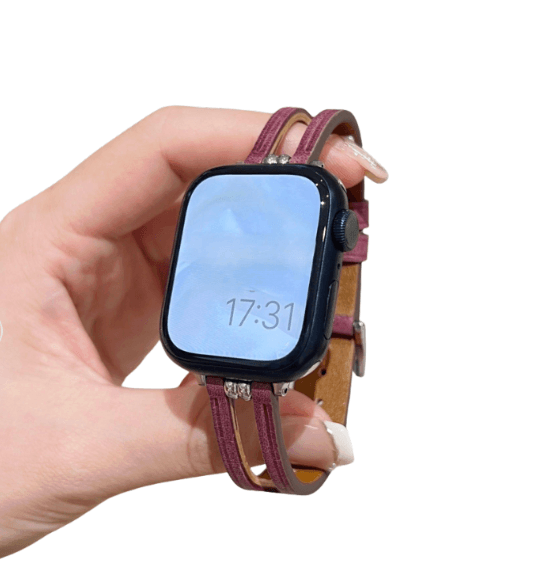 アップルウォッチバンド 本革 レザー 透かしデザイン ダブルビーズ 細身