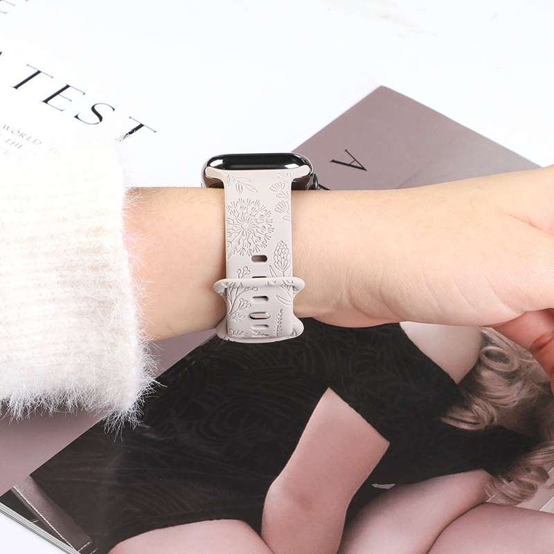 アップルウォッチバンド 花柄彫刻入りシリコン製スマートウォッチバンド