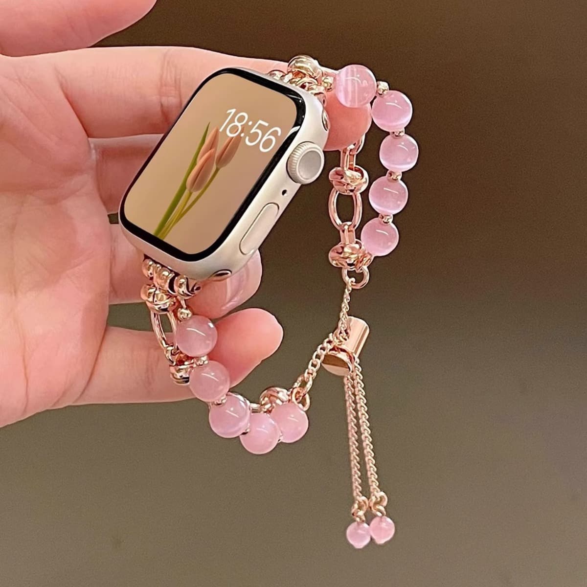 アップルウォッチバンドステンレス 天然石ビーズ装飾チェーン調節可能ブレスレット型バンド