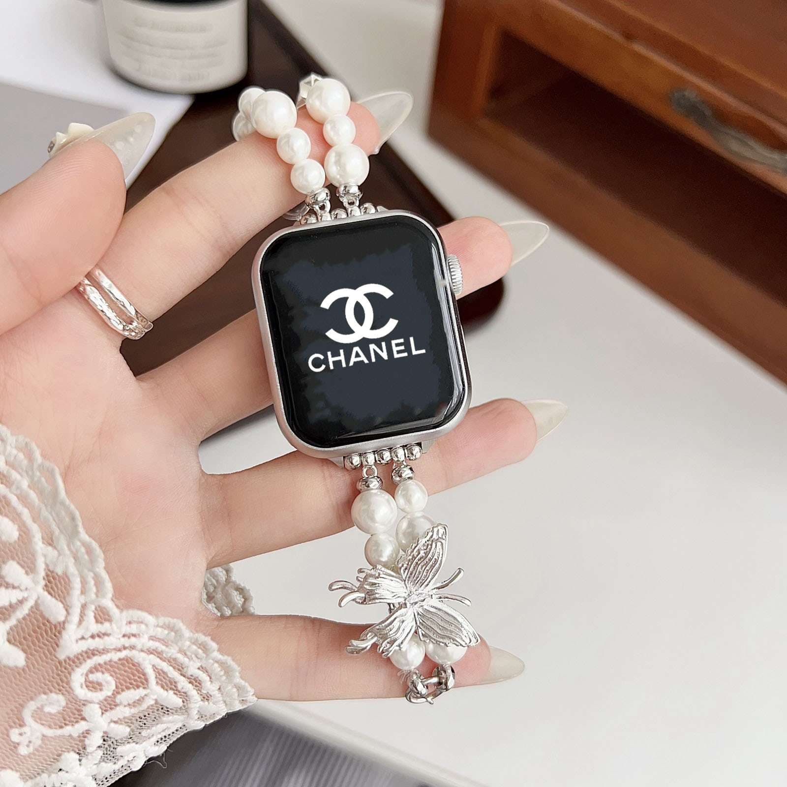 アップルウォッチバンド 蝶モチーフパール付きウォッチバンド