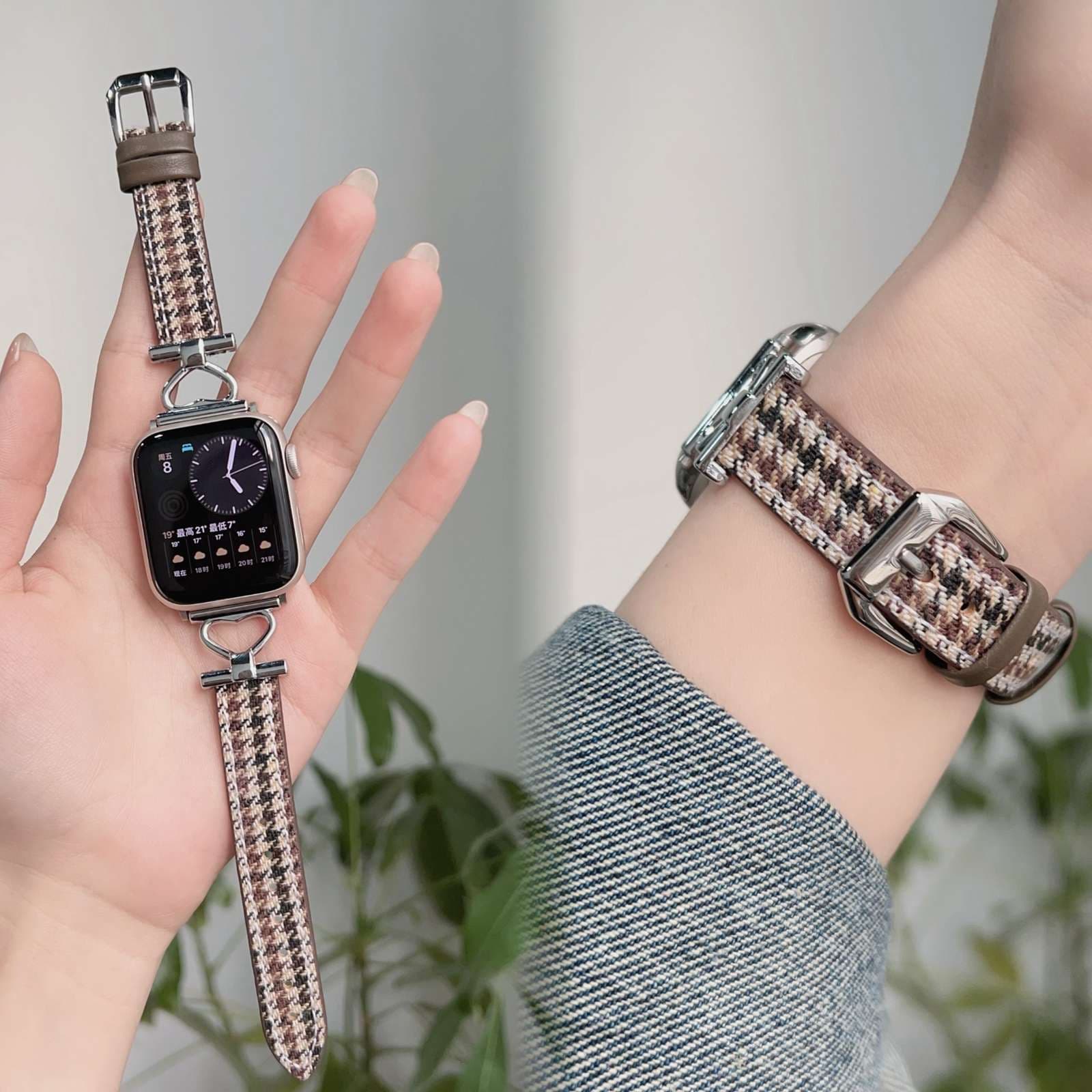 アップルウォッチバンド 千鳥格子柄ファブリックバンド金属留め具付き