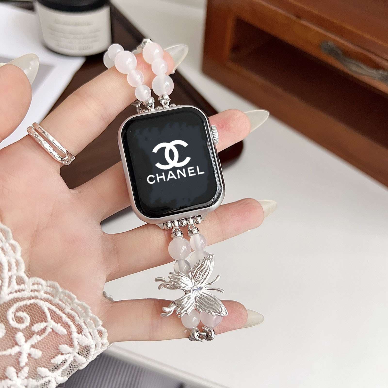 アップルウォッチバンド 蝶モチーフパール付きウォッチバンド