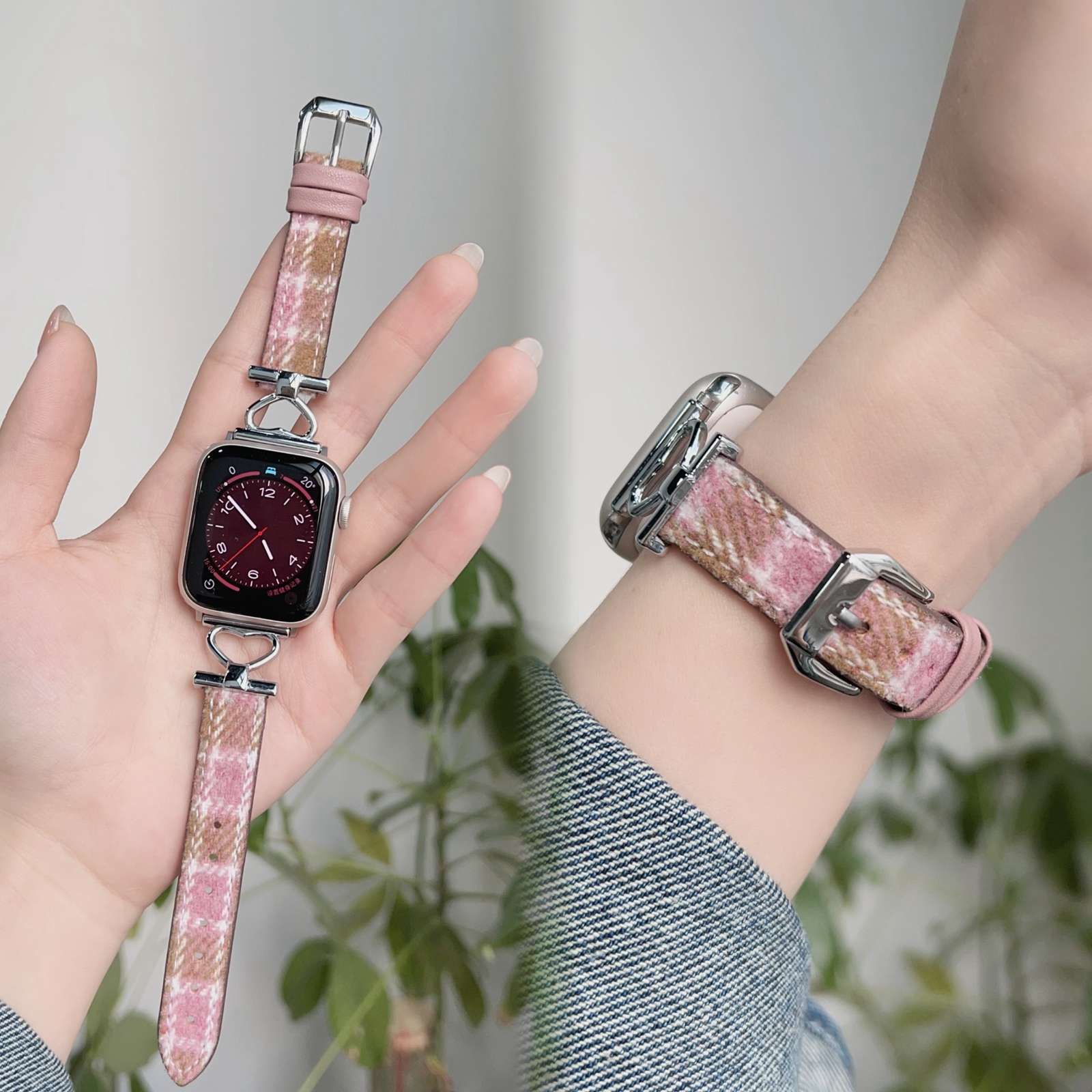 アップルウォッチバンド 千鳥格子柄ファブリックバンド金属留め具付き