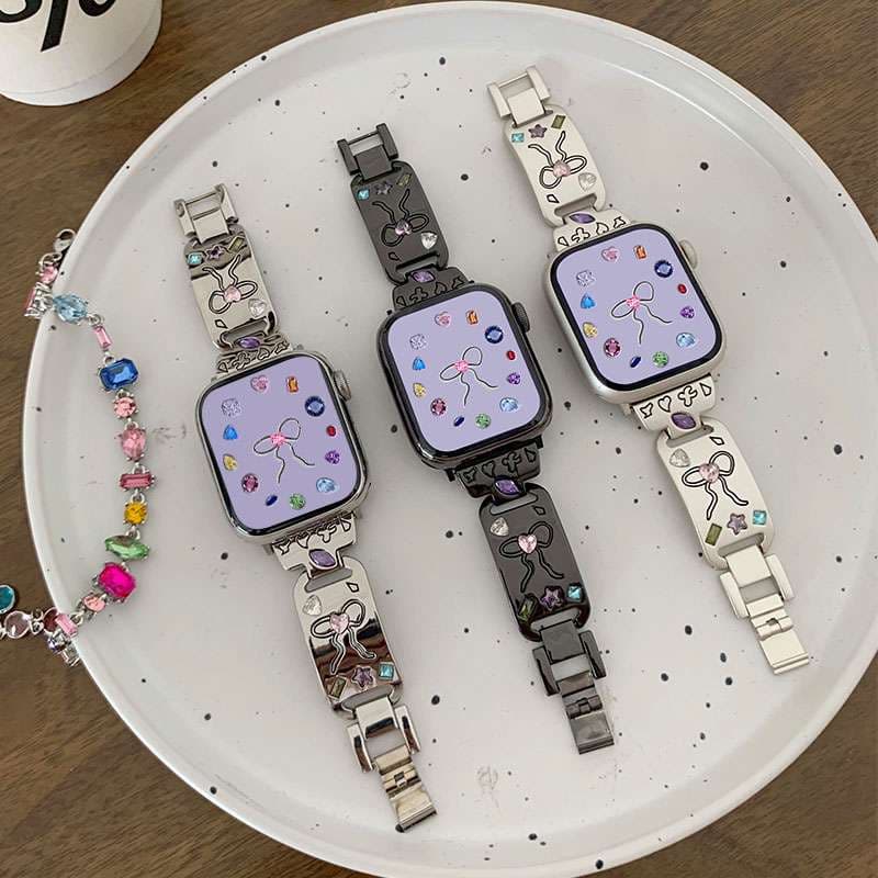 アップルウォッチバンド 宝石とリボンのきらめくスマートウォッチバンド